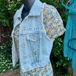 VINTAGE Y2K STUDDED JEWELED DENIM VEST W/ TURQUOISE